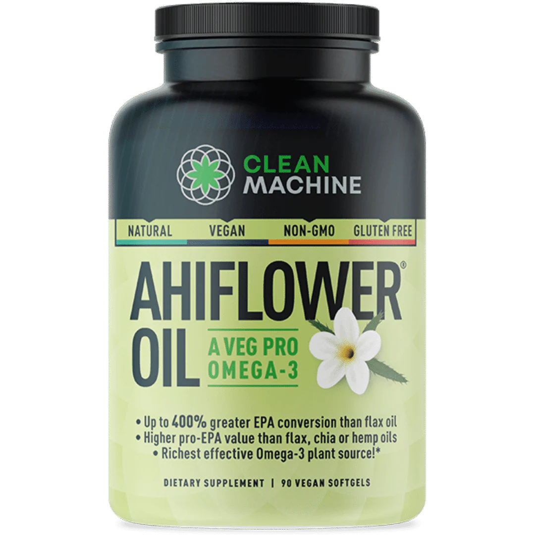 Clean Machine Ahiflower Oil: Black bottle, black cap, light-green label with white flower; 90 vegan softgels.
